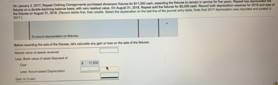 On January 2, 2017, Repeat Clothing Consignments purchased showroom fixtures for $11,000 cash, expecting the fixtures to rema
