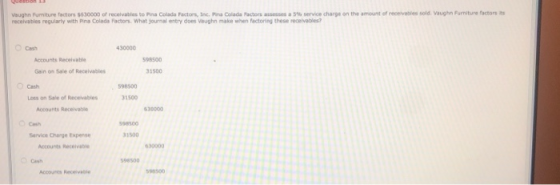 Vaughn Furniture factors 30000 of receives to Pina Colada Factors, Inc. Pina Colada factors as a service charge on the amount