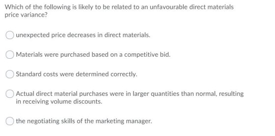 Which of the following is likely to be related to an unfavourable direct materials price variance? unexpected price decreases