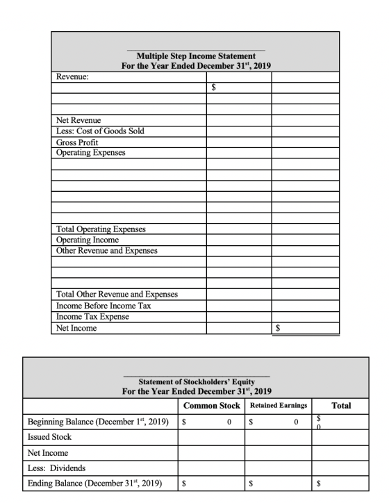 Multiple Step Income Statement For the Year Ended December 31st, 2019 Revenue: Net Revenue | Less: Cost of Goods Sold Gross P
