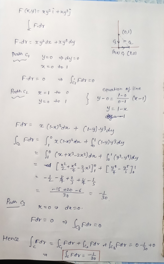 F (x, y) = xy²i trys & Fodr (0,1) Fidy = xy2dx +xys dy path c, (90) (1,0) Y=0 »dy=o x=0 to 1 Fodr=o T Sci Fdrão Path C2 equat
