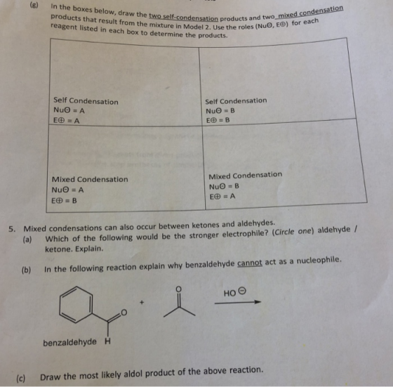 (B) In the boxes below, draw the two self-condensation pro products that result from the mixture in Model 2. Use the roles re
