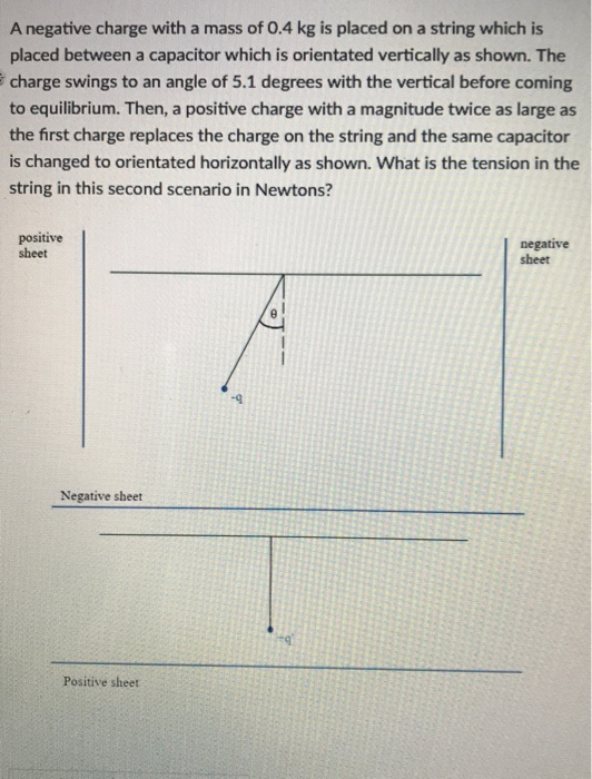 A negative charge with a mass of 0.4 kg is placed on a string which is placed between a capacitor which is orientated vertically as shown. The charge swings to an angle of 5.1 degrees with the vertical before coming to equilibrium. Then, a positive charge with a magnitude twice as large as the first charge replaces the charge on the string and the same capacitor is changed to orientated horizontally as shown. What is the tension in the string in this second scenario in Newtons? positive sheet negative sheet 9 Negative sheet Positive sheet