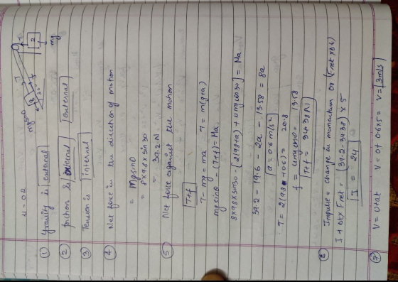 L u=02 mgsina 18 J300 Gravity is external] friction is external internal I external 3 Tension is V an Net face the direction