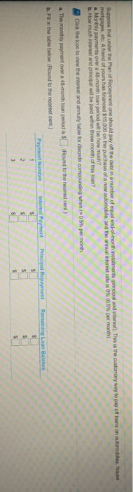Suppose that under the Plan of Repayment one should pay off the debt in a number of equal end-of-month instaliments principal