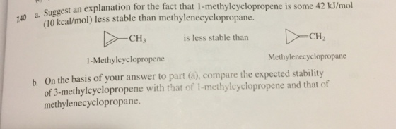 a Suggest an explanation for the fact that 1-methylcyclopropene is some 42 kJImol 140 (0 molo less stable than methylenecyclopropane. CH is less stable than CH2 Methylenecyclopropane l-Methylcyclopropene b. on the basis of your answer to part (a, compare the expected stability of 3-methylcyclopropene with that of 1-methylcyclopropene and that of methylenecyclopropane.