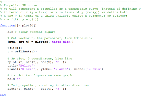 Propeller 3D curve % We will represent a propeller as a parametric curve % in terms of x (y = f(x)) or x in terms of y (x=h (