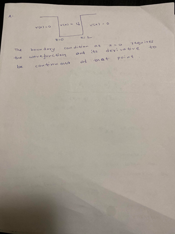 √(x) - vol v(x) = 0 v(x)=0 x= L 2-0 The at a = requires its derivative to that point. boundary condition wave function and co