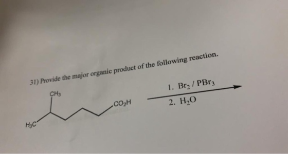 31) Provide the major organic product of the following reaction. 1. Br / PBrz CH3 CO2H 2. HO Н4С