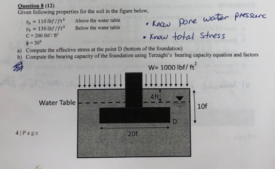 Question 8 (12) Given following properties for the soil in the figure below, Ya 110 lbf/ft3 Above the water table Yb 130 lbf/ft3 Below the water table C- 200 lbf/ ft .Knou Pore water pressarc Know total Stress 30° a) Compute the effective stress at the point D (bottom of the foundation) b) Compute the bearing capacity of the foundation using Terzaghis bearing capacity equation and factors W 1000 lbf/ ft Water Table 4 |Page 20f