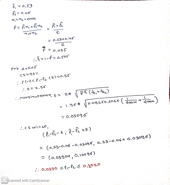 ê, = 0,53 P = = 0.40 n = n2=2004 ł = in, + P2 m2 mit 2 Pit P 2 = 0.53+0.46 ૨ P = = 0.495 :-9=1-=0.505 For 220.05 CI=95. :.P(-