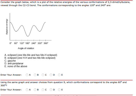 Consider the graph below, which is a plot of the relative energies of the various conformations of 2,3-dimethylbutane, viewed through the C2-C3 bond. The conformations corresponding to the angles 120° and 240° are: 0° 60 120° 180° 240° 300 360° Angle of rotation A. eclipsed (one Me-Me and two Me-H eclipsed) B. eclipsed (one H-H and two Me-Me eclipsed) C. gauche D. anti-periplanar E. none of the above Enter Your Answer: Using the same graph and answer choices from question 9, which conformations correspond to the angles 60° and 300o Enter Your Answer:
