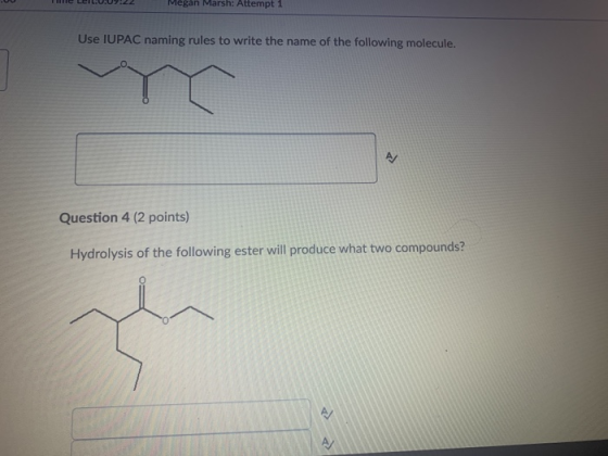 Megan Marsh: Attempt 1 Use IUPAC naming rules to write the name of the following molecule. AV Question 4 (2 points) Hydrolysi
