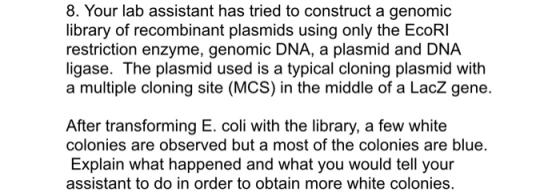 8. Your lab assistant has tried to construct a genomic library of recombinant plasmids using only the EcoRI restriction enzym