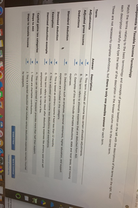PPPLPPPH 4 Jearch this Lomponents to Taxable Income Terminology Match the terms relating to the basic terminology and concept