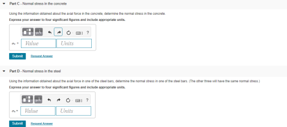 Part C - Normal stress in the concrete Using the information obtained about the axial force in the concrete, determine the no