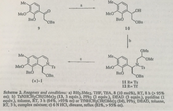 Me Me OBn OBn 10 Me OMe OBn OBn 11 R Ts 12 R Tf Scheme2. Reagents and conditions: a) BH33M02 THF, TEA, 8 (10 mol%), RT, 8 h (> 95% ee); b) TsNHCH2CH(OMe)2 (13, 3 equiv.), PPh3 (3 equiv.), DEAD (3 equiv.), pyridine (1 equiv.), toluene, RT, 3 h (64%, >95% ee) orTiNHCH2CH(OMe)2 (14), PPh3, DEAD, toluene, (14),PPhi. DBA, toluene, % RT, 3 h, complex mixture; c) 6 N HCl, dioxane, reflux (82%.> 95% ce).