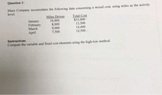 Question 1 Mace Company accumulates the following data concerning a mixed cost, using miles as the activity level. January 10.00 $15,000 13,500 4,400 12,500 February 8,00 March 9,000 7,500 April Instructions Compute the variable and fixed cost elements using the high-low method.