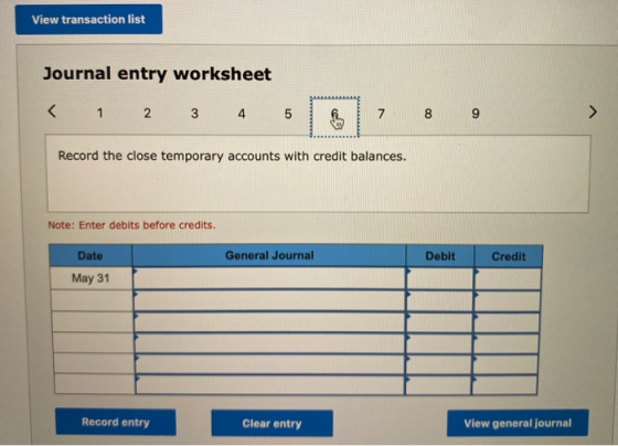View transaction list Journal entry worksheet < 1 2 3 4 5 7 8 9 Record the close temporary accounts with credit balances. Not
