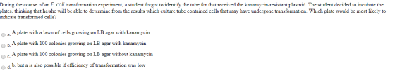 During the course of an E. coli transformation experiment, a student forgot to identify the tube for that received the kanamy