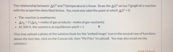 The relationship between AG and T (temperature) is linear. Draw the AGº versus T graph of a reaction with the properties desc