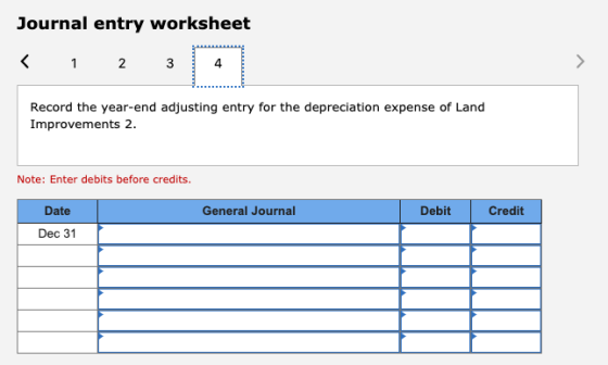Journal entry worksheet < 1 2 3 Record the year-end adjusting entry for the depreciation expense of Land Improvements 2. Note