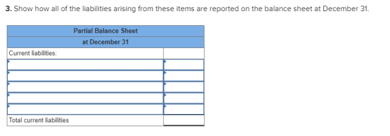 3. Show how all of the liabilities arising from these items are reported on the balance sheet at December 31. Partial Balance