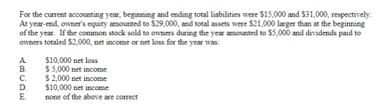 For the current accounting year, beginning and ending total liabilities were S15,000 and $31,000, respectively. At year-end,