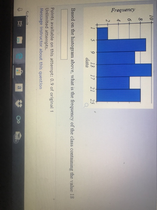10+ 2 1 5 9 13 17 21 25 data Based on the histogram above, what is the frequency of the class containing the value 18 Points available on this attempt: 0.9 of original 1 Unlimited attempts. Message instructor about this question