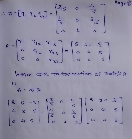 Page ① 315 o et .:0=[2, 2, 13] 315 wth o 1 8,1 8,2 813 22 23 5 to 3 R در 0 4 0 0 r33 hence QR factorization of matrix a is A