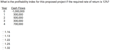What is the profitability index for this proposed project if the required rate of return is 12%? Year om Cash Flows -1,000,000 300,000 500,000 300,000 700,000 4 01.16 1.13 O 1.22 01.25 1.32