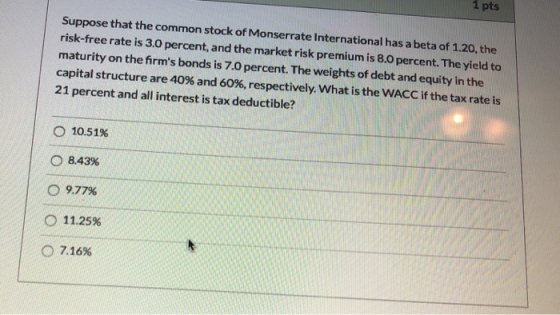 Suppose that the common stock of Monserrate International has a beta of 1.20, the risk-free rate is 3.0 percent, and the mark
