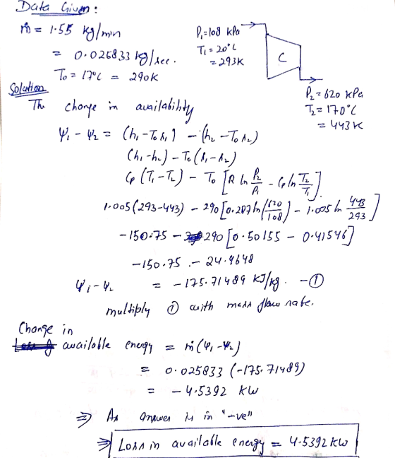 P= lod klat Ti= 20°C Data hivan: ń = 1.55 Kg/min = 0.026833 19/dee. 7293% To = 17°C = 290k Solution P22 620 kPa The change i