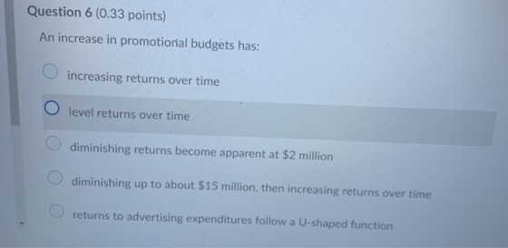 Question 6 (0.33 points) An increase in promotional budgets has: O increasing returns over time O level returns over time o d
