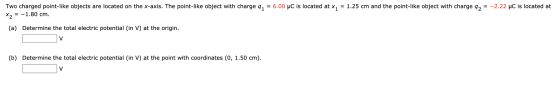 Two charged point-like objects are located on the x-axis. The point-like object with charge 91 = 6.00 uC is located at x1 = 1