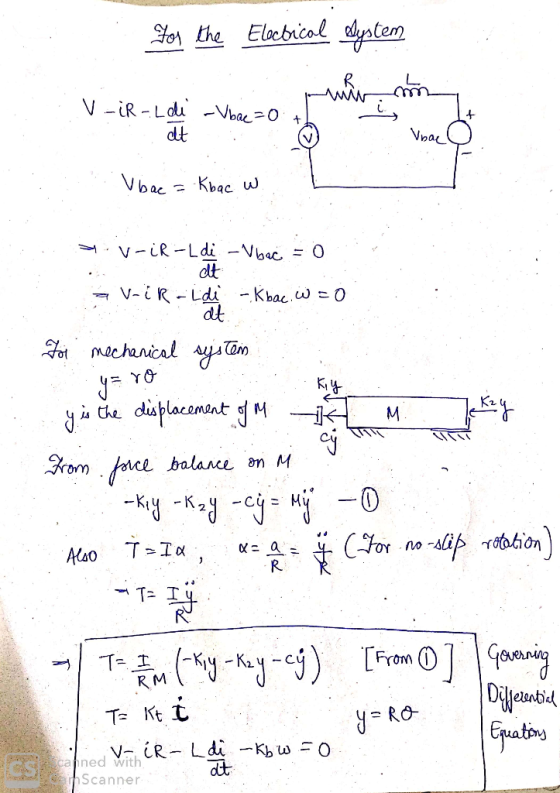 For the Electical dystem V - R -Loi Wone so cui non dt ♡ Viac V bac = Kbac w L m. V-iR-L di - V bac = 0 . .at ... at. y = ro