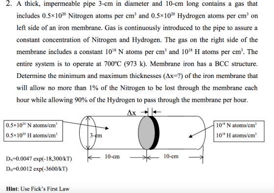 2. A thick, impermeable pipe 3-cm in diameter and 10-cm long contains a gas that includes 0.5x1020 Nitrogen atoms per cm3 and