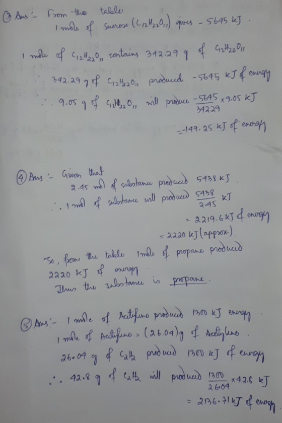& Aus - from the table I mole of sucrose (C 2 H 220, 1) gives - 5695 kJ . I mole of ciata contains 342.29 g of Cat2zo1 :. 342