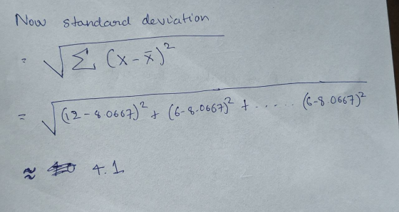 Now standard deviation VE (x-x)² (6-8.0667)² - (2-4.0667)?+ (6-8.0667)2 + ... o 4.1