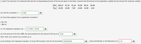 (1 point) The amounts of 6 restaurant bills and the corresponding amounts of the tips are given in the below. Assume that bil