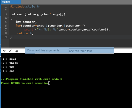 main.C 1 #include<stdio.h> 2 3 int main(int argc,char argv[l) 5 int counter 6 for (counter-argc-1;counter>e;counter-) (in[M]