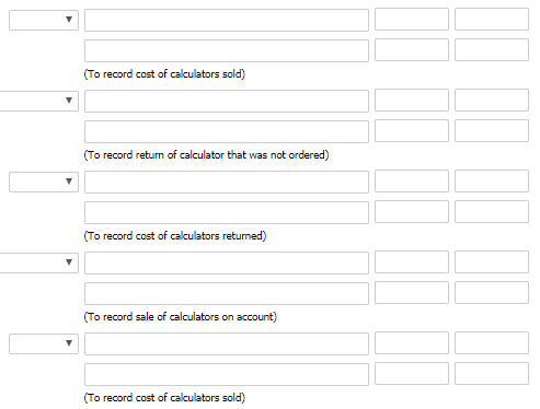 (To record cost of calculators sold) (To record return of calculator that was not ordered) (To record cost of calculators ret