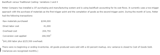 Backflush versus Traditional Costing: Variations 3 and 4 Potter Company has installed a JIT purchasing and manufacturing syst