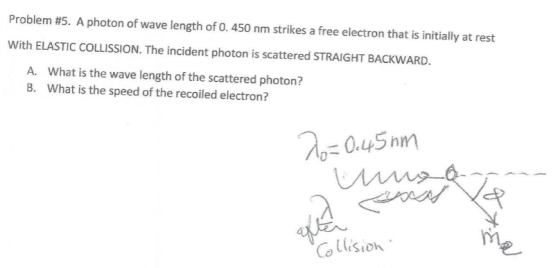 Problem #5. A photon of wave length of 0.450 nm strikes a free electron that is initially at rest With ELASTIC COLLISSION. Th