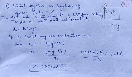 angular ular acceleration of 45 G mg b) initial square plate 2 2 2 The plate will notate about if left free initially Torque
