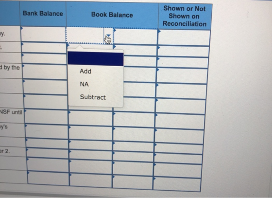 Bank Balance Book Balance Shown or Not Shown on Reconciliation We y. E. by the Add NA Subtract VSF until mys ar 2.