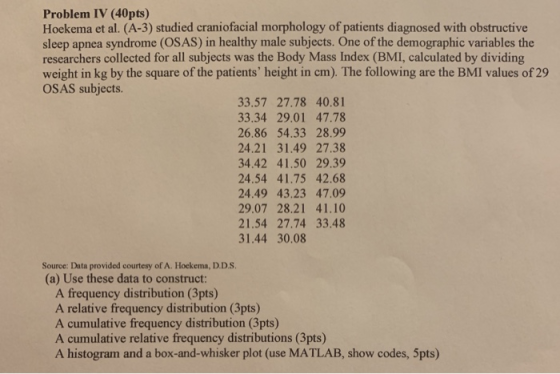Problem IV (40pts) Hoekema et al. (A-3) studied craniofacial morphology of patients diagnosed with obstructive researchers collected for all subjects was the Body Mass Index (BMI, calculated by dividing OSAS subjects. sleep apnea syndrome (OSAS) in healthy male subjects. One of the demographic variables the weight in kg by the square of the patients height in cm). The following are the BMI values of 29 33.57 27.78 40.81 33.34 29.01 47.78 26.86 54.33 28.99 24.21 31.49 27.38 34.42 41.50 29.39 24.54 41.75 42.68 24.49 43.23 47.09 29.07 28.21 41.10 21.54 27.74 33.48 31.44 30.08 Source: Data provided courtesy of A. Hockema, D.D.S. (a) Use these data to construct A frequency distribution (3pts) A relative frequency distribution (3pts) A cumulative frequency distribution (3pts) A cumulative relative frequency distributions (3pts) A histogram and a box-and-whisker plot (use MATLAB, show codes, 5pts)