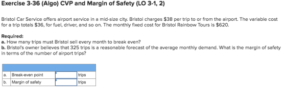 Exercise 3-36 (Algo) CVP and Margin of Safety (LO 3-1, 2) Bristol Car Service offers airport service in a mid-size city. Bris