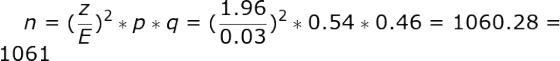 \large n=(\frac{z}{E})^2*p*q=(\frac{1.96}{0.03})^2*0.54*0.46=1060.28=1061