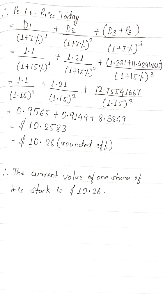 2 (1+7:/) + (D3 +88) (1 +1/)* + 1:21 3 :. Po i.e. Price Today Du + Da (1+14) 1.1 + (1.331+1142441667) (14+150%) (1+150%.)? (